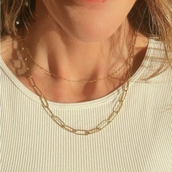 Layering Gold Paperclip Chain Necklace Everyday Necklace Waterproof Jewelry Gift - Picture 2 of 8